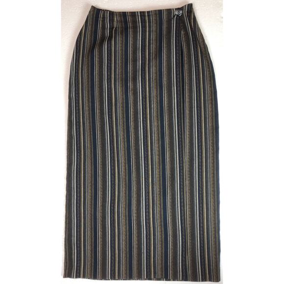 Express Wrap Skirt M Olive/Navy Stripe 26”W Wool Italy Boho Hippie Career Grunge - Picture 6 of 6